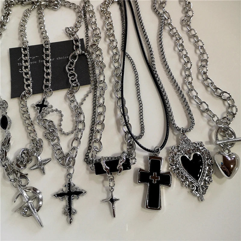 Punk Rock Black Heart Cross Pendant Chain Necklace For Men Women Cool Hip Hop Street Vintage 90s Y2K Grunge Goth Accessories Vera Lux