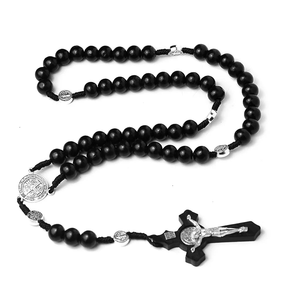 10MM Wood Beads Rosary Cross Necklace For Women Men Christian Virgin Mary INRI Pendant Chain Fashion Religion Jewelry Vera Lux