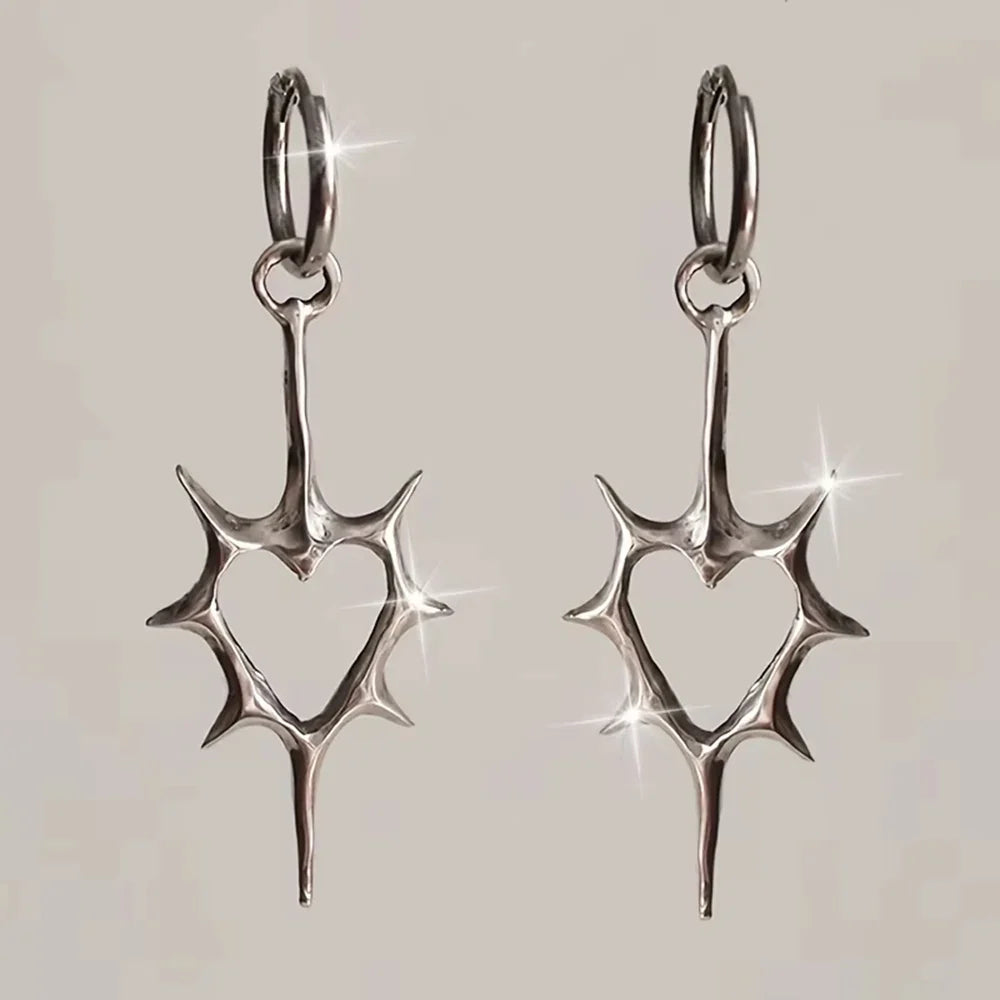 2pcs Punk Rock Hollow Thorns Love Heart Pendant Hoop Earrings for Women Men, Lover Fashion Cool Rivets Spike Earings Jewelry Vera Lux