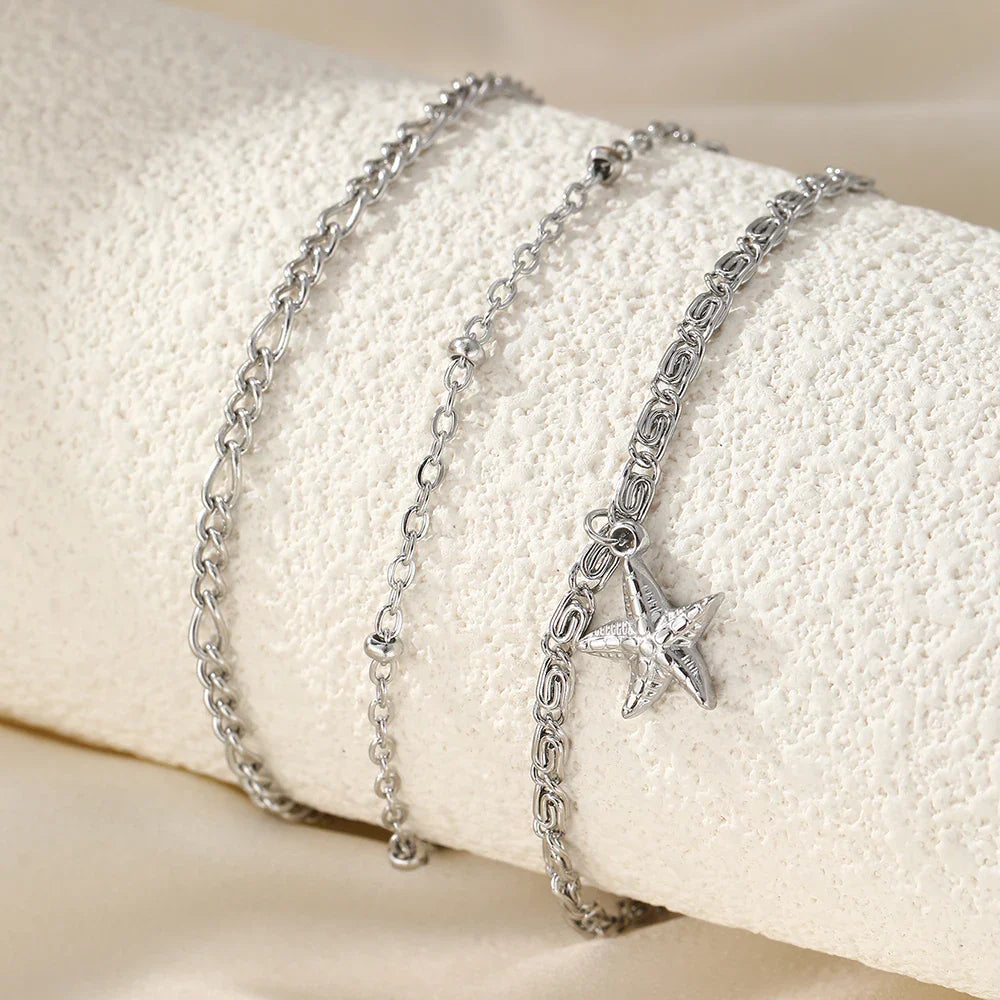 woiwoi Stainless Steel Anklet Starfish Triple Stacking Chain Light Luxury Fashion Elegant Ladies Anklet Jewelry Party  Match Vera Lux