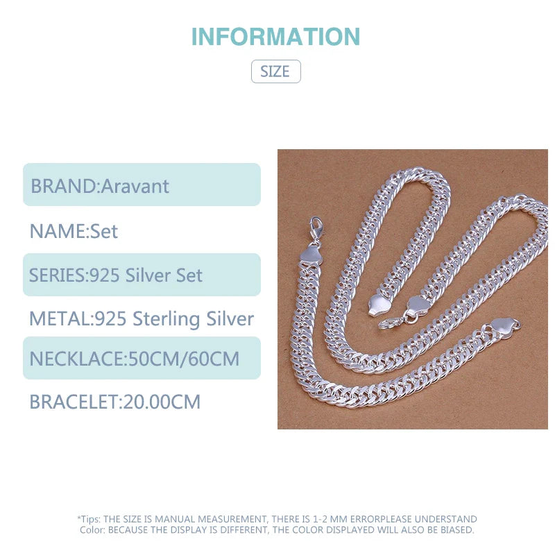 Aravant 925 Sterling Silver 6MM 7MM 10MM Chain Necklace Bracelet Set For Men Women Fashion Wedding Jewelry Vera Lux