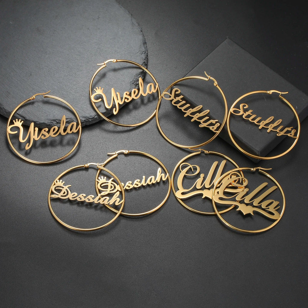 Sipuris Stainless Steel Personalized Customize Name Hoop Earrings Jewelry For Women Girls Circle Earring Fashion 30-60 MM Vera Lux