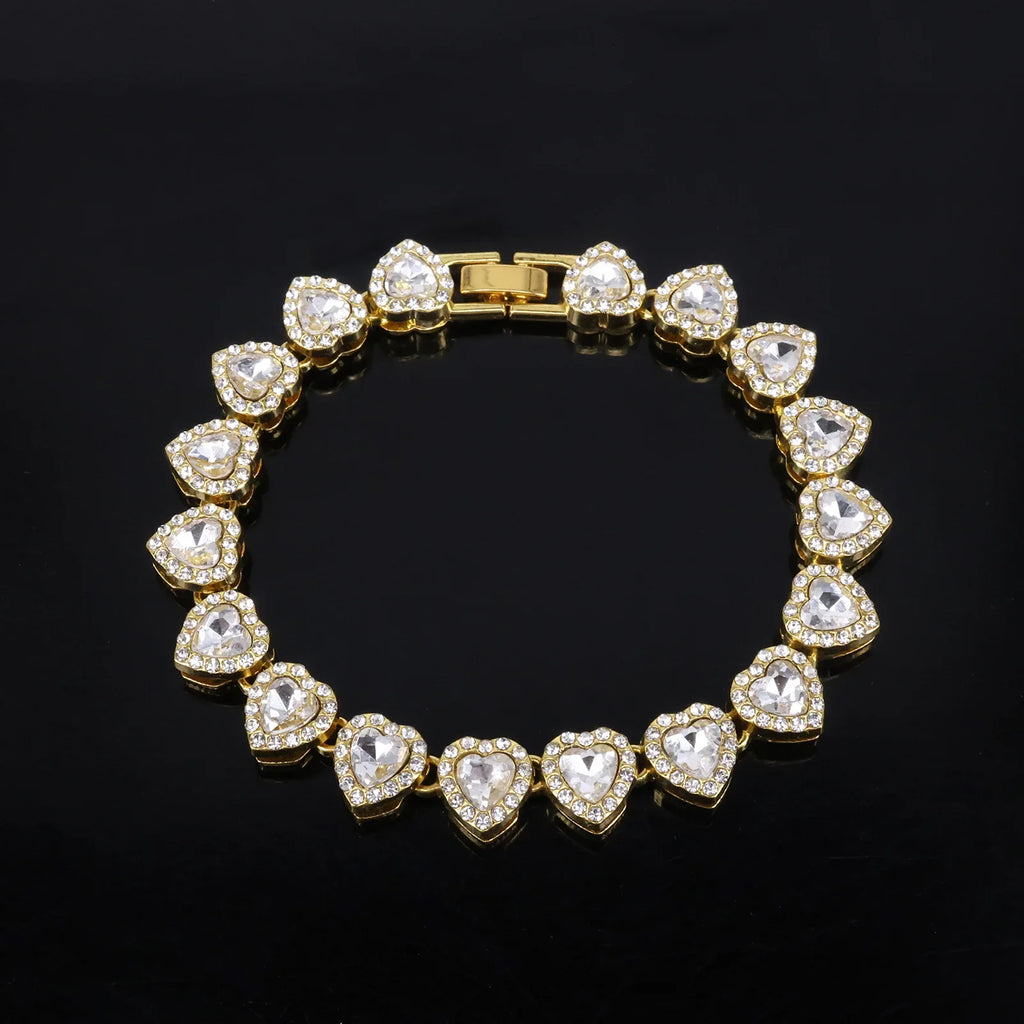 Yupsk 45CM/20CM Shiny Heart Rhinestone Hip Hop Rock Tennis Chain Bracelet Necklace for Women Men Trendy Jewelry Set Gift Vera Lux