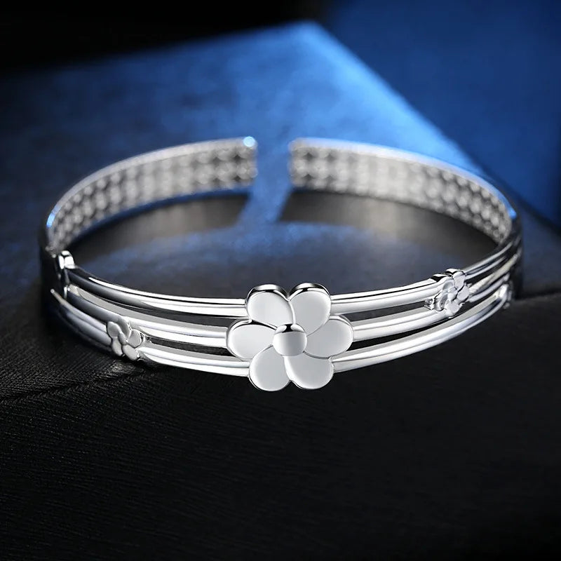 925 Sterling Silver Flower Open Bangle Hand Bracelets For Women Luxury Jewelry  And  Jewellery Vera Lux