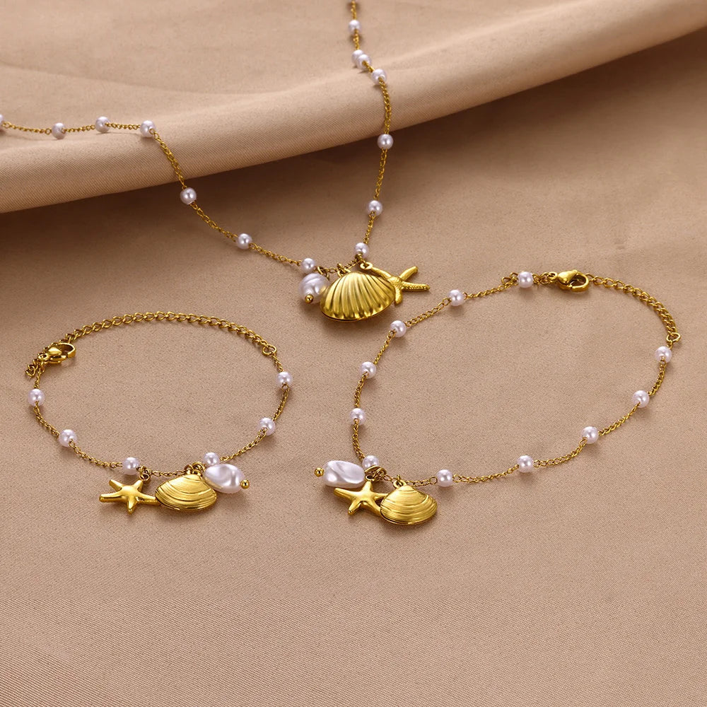 Freshwater Pearl Jewelry Set Shell Starfish Star Necklace Anklet Sets For Women Fashion Stainless Steel Chain Party Daily Gifts Vera Lux