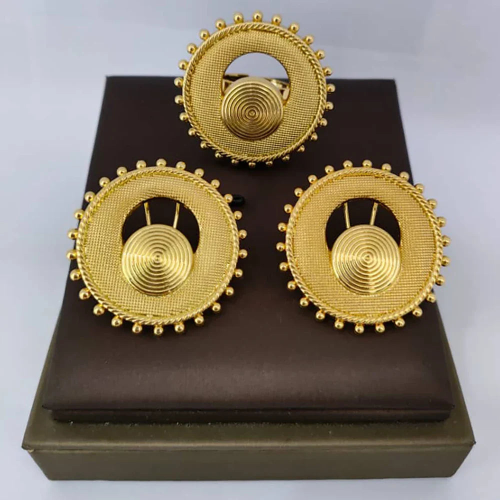 Dubai Gold Color Earrings with Ring Set for Bride Women Fashion Ear Clip and Finger Ring 2Pcs Set for Engagement African Daily Vera Lux
