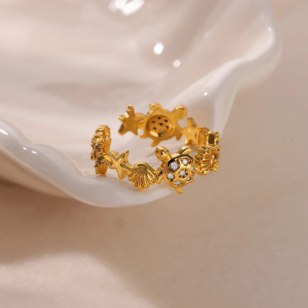 Ocean Starfish Shell Open Rings For Women Gold Color Stainless Steel Ring Summer Beach Aesthetic Waterproof Jewelry Gift Vera Lux