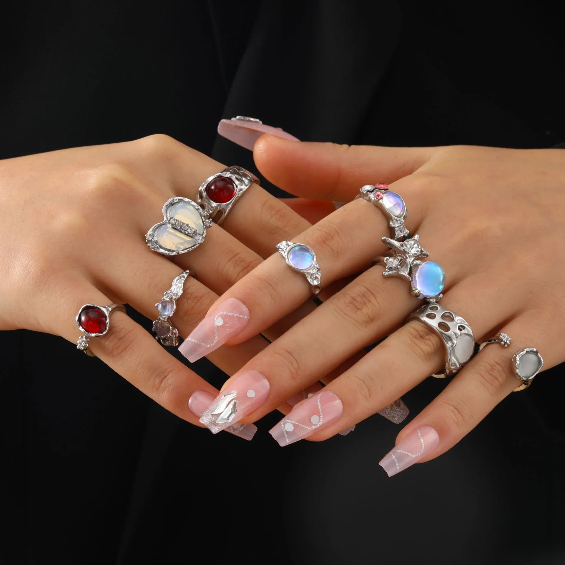 9 Pcs Y2K Crystal Rings Kpop Heart Adjustable Ring Irregular Geometry Punk Vintage Rings Set for Women Girls New Fashion Jewelry Vera Lux