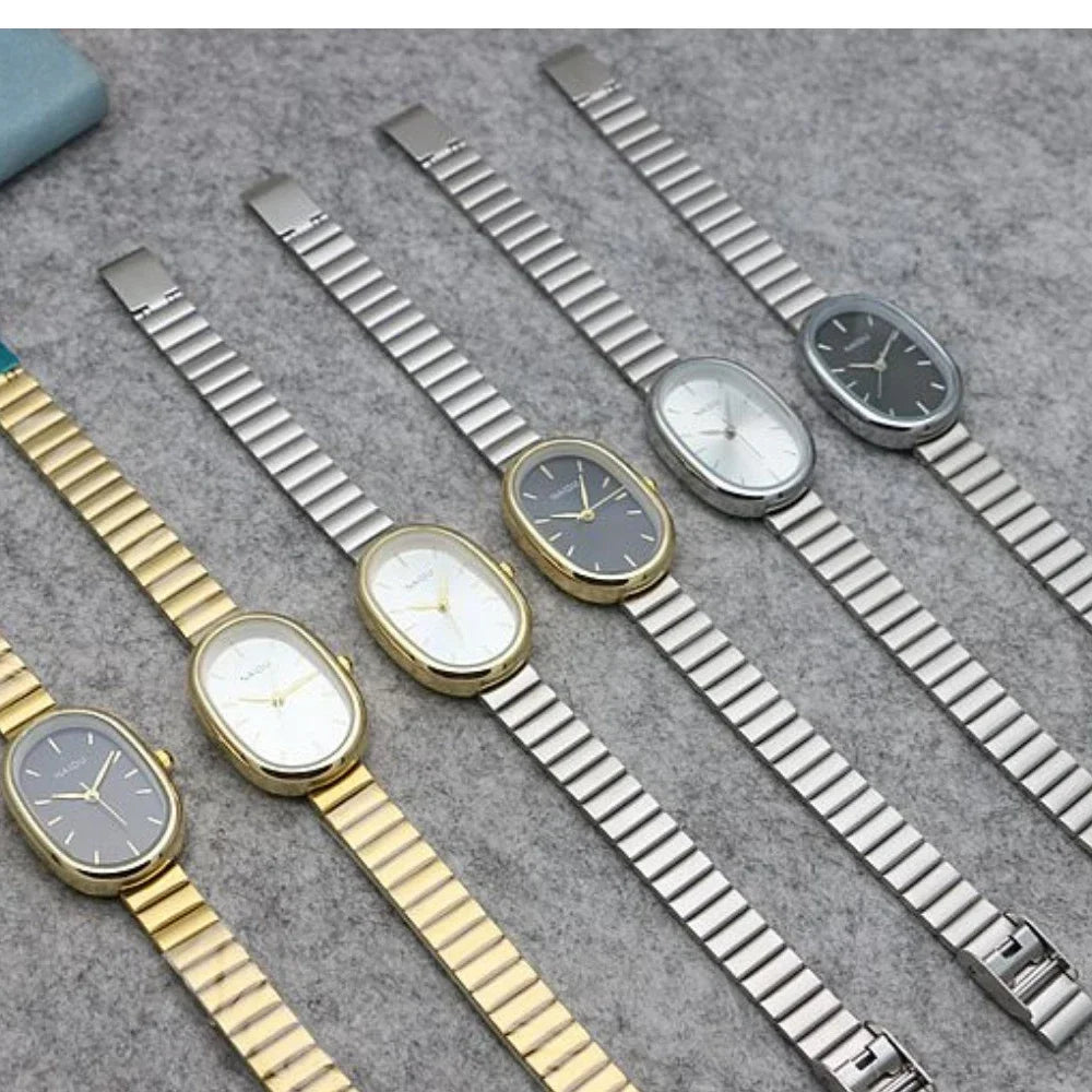 Oval Small Dial Women Quartz Watch Stainless Steel Bamboo Strap Girl Student Leisure Fashion Luxury Gift Wristwatch Dropshipping Vera Lux