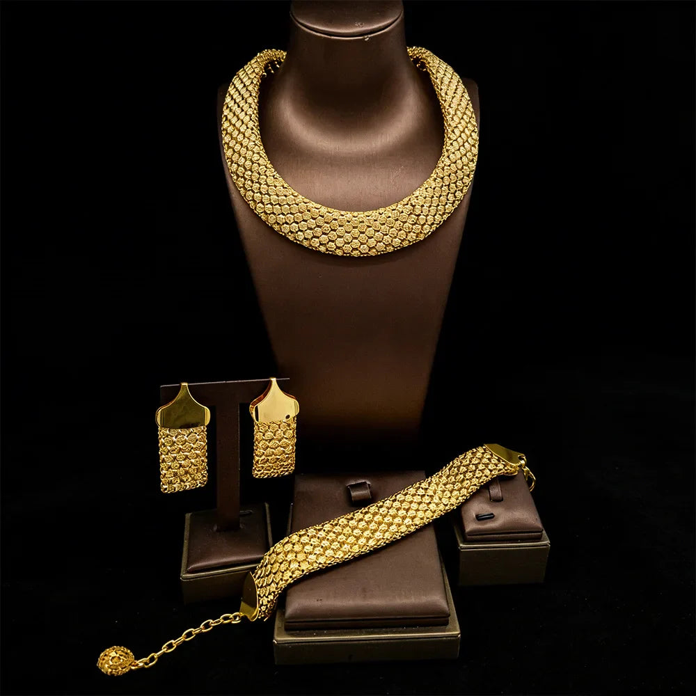 Dubai Hollow Earrings Necklace Jewelry Set Women Fashion Luxury Punk Jewellery Choker Bracelet Wholesale Accessories Party Gift Vera Lux