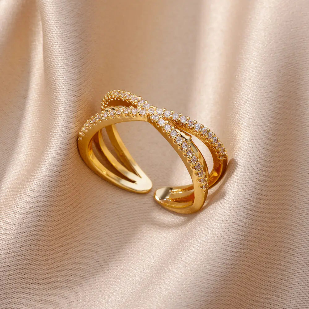 Fashion Gold Color Stainless Steel Rings For Women Chain Hollow Out Crystal Zircon Finger Ring Jewelry 2023 Gift anillos mujer Vera Lux