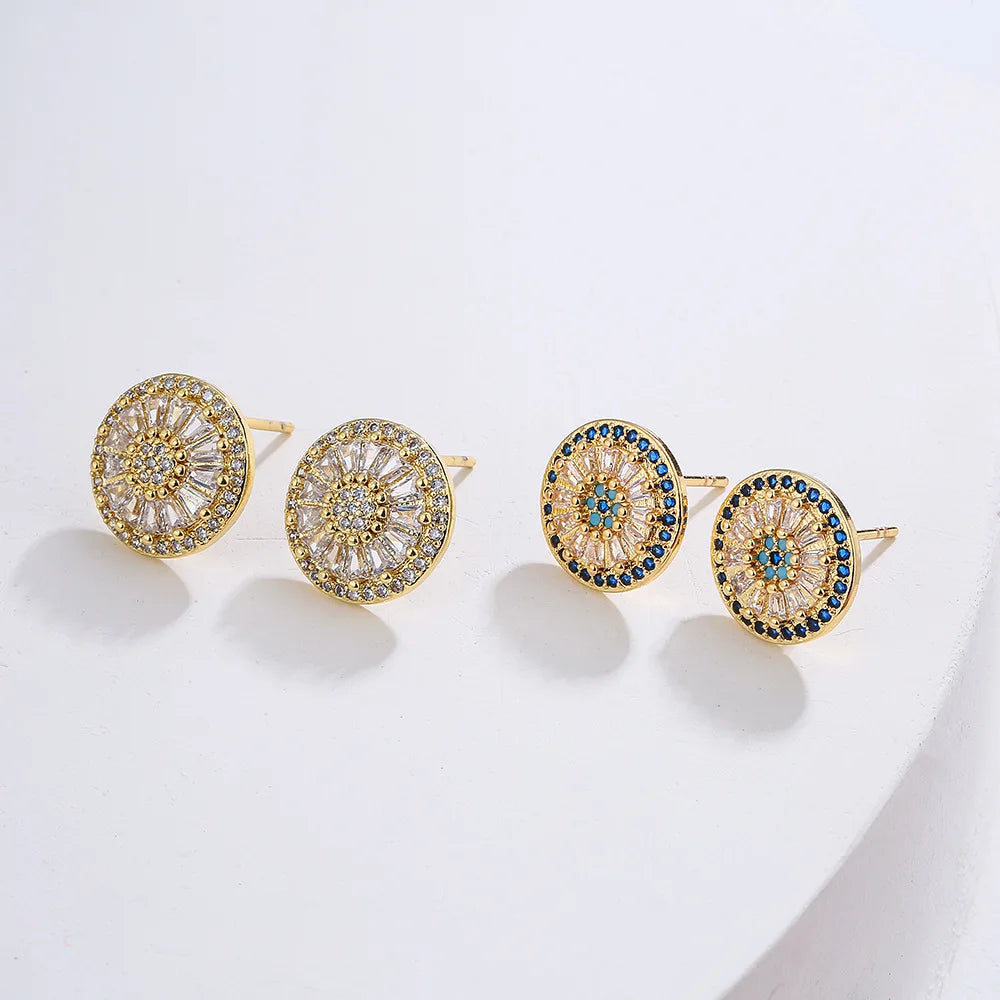 NEWBUY Luxury AAA Cubic Zirconia Pave Setting Copper Jewelry Gold Color Round Stud Earrings For Women Girl Vera Lux