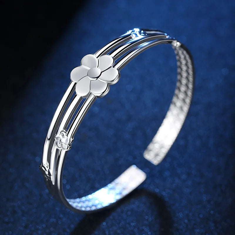 925 Sterling Silver Flower Open Bangle Hand Bracelets For Women Luxury Jewelry  And  Jewellery Vera Lux