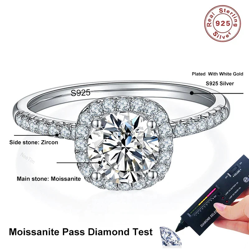 NeeTim D Color Moissanite Ring 925 Sterling Silver with White Gold Plated Lab Diamond Rings for Women Wedding Band Jewelry Gifts Vera Lux