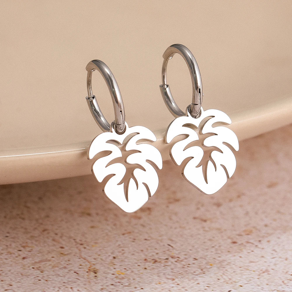Stainless Steel Earrings Bohemian Tropical Plant Leaves Pendants Retro Glossy Aesthetic Hoop Earrings For Women Jewelry Girl New Vera Lux