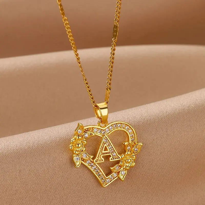 Zircon Flower Initials Necklaces For Women Stainless Steel Heart Gold Color Letter Chain Collar 2025 New Trend Wedding Jewelry Vera Lux