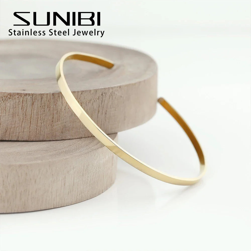 SUNIBI 4mm 6mm Stainless Steel Cuff Gold Color Bracelet Bangle for Women Jewelry Gifts Wholesale Dropshipping Vera Lux