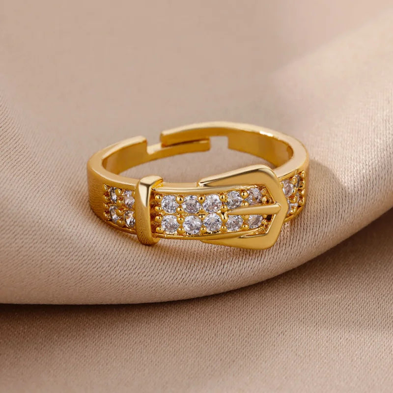 Chic Gold Color Buckle Shaped Ring With Sparkling Zircon Fashion Trendy Adjustable Ring Women's Gatherings Jewelry Vera Lux