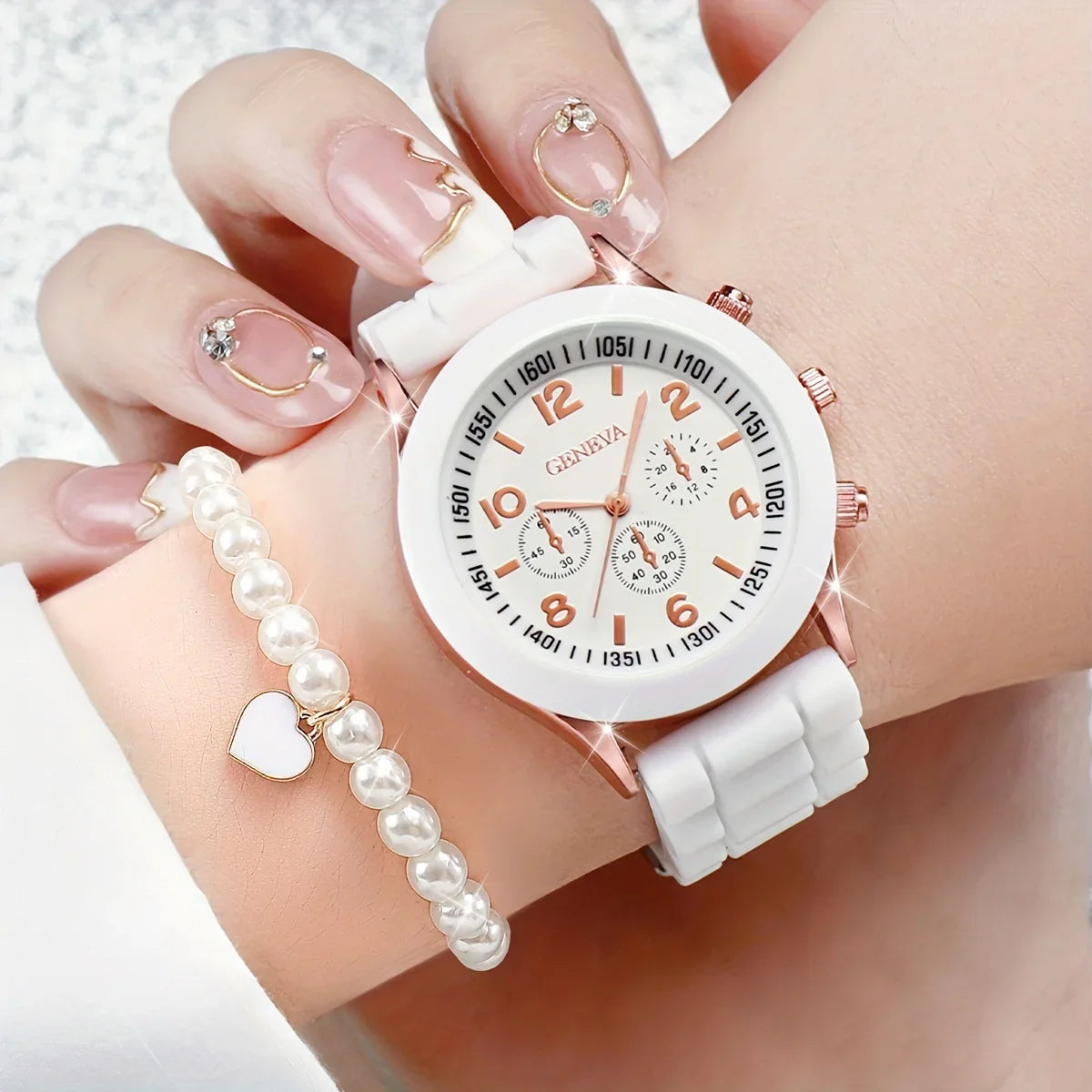 3/6PCS Women's Watches Casual Silicone Band Analog Quartz Watch Heart Pearls Jewelry Set(Without Box) Vera Lux