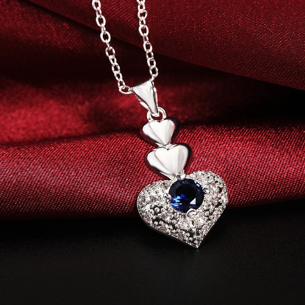 Hot Noble blue crystal heart 925 sterling Silver pendant necklace earring Jewelry sets for Woman classic fashion party fine gift Vera Lux