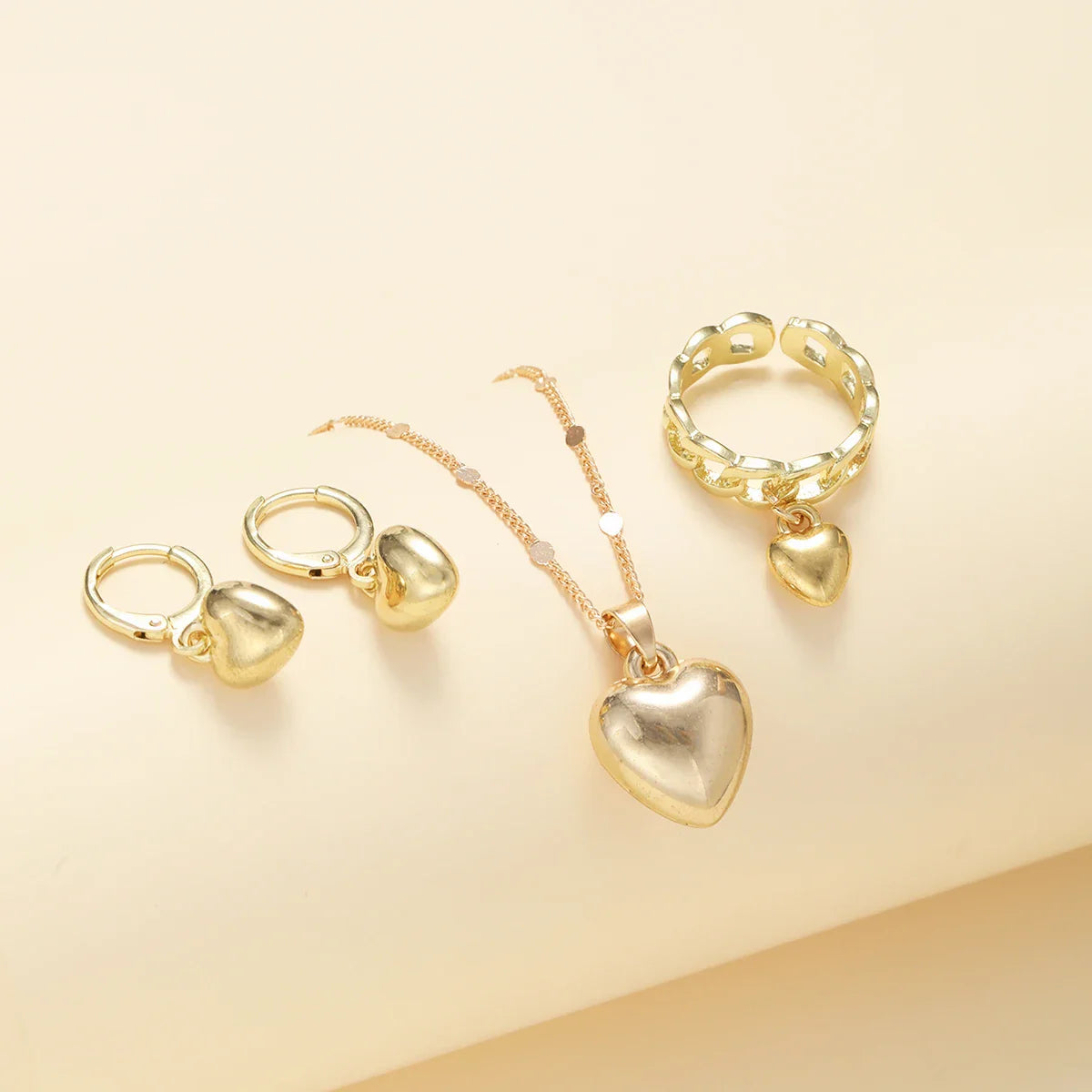 4Pcs/Set Vintage Love Heart Pendant Necklace Ring Hoop Earring for Women Simple Gold Color Smooth Jewelry Set Elegant Party Gift Vera Lux