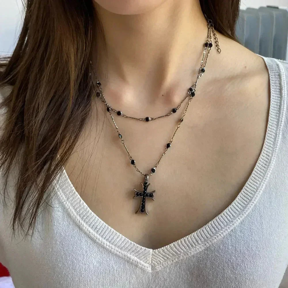 Summer Black Rhinestone Cross Jesus Pendant Choker Necklace for Women Punk Vintage Double Layers Chain 2024 Neck Boho Jewelry Femstylo