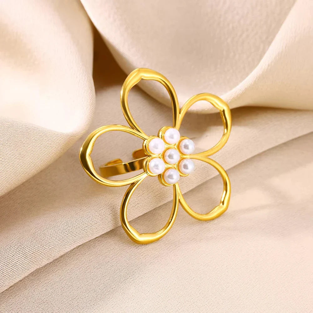 Stainless Steel Flower Big Open Rings For Women Gold Color Imitation Pearl Hollow Out Ring Trendy Aesthetic Jewerly Gifts Vera Lux