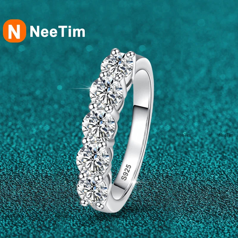 NeeTim Full 4mm Moissanite Ring for Women 5 Stones Diamond Wedding Band Bride S925 Sterling Silver with White Gold Plated Rings Vera Lux