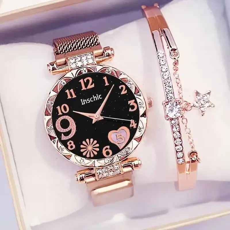 2PCS Fashion Women's Watches Set Magnet Buckle Mesh Strap Analog Quartz Watch Star Bracelet Set Reloj Mujer Vera Lux