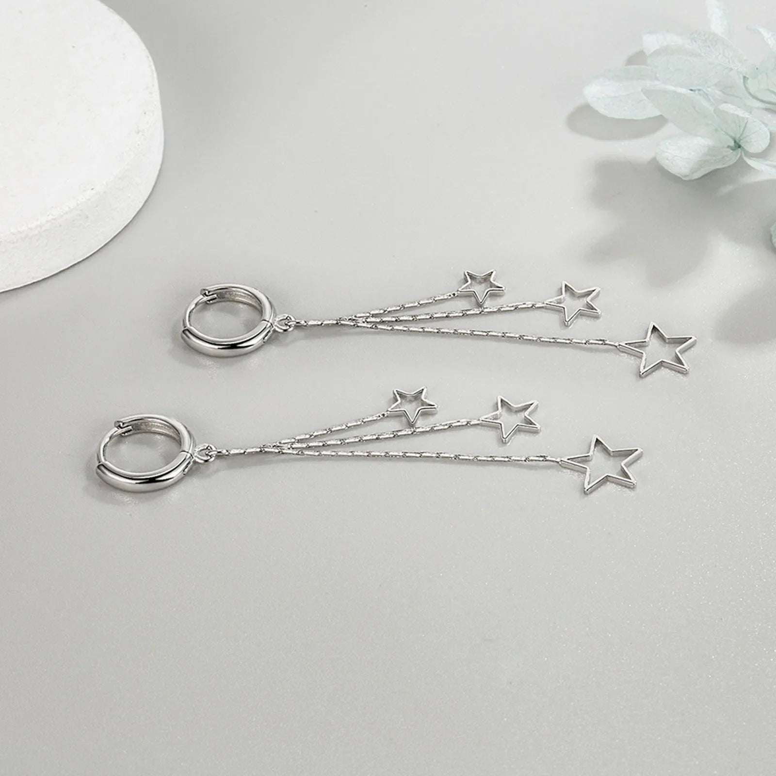 Elegant Popular Three Stars Hoop Earrings For Women 925 Sterling Silver Party Jewelry Beautiful Long Tassel EarringElegant Vera Lux