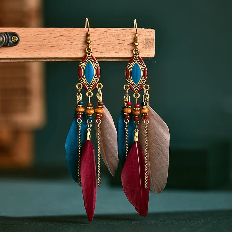 Bohemian Ethnic Feather Earrings For Women Long Tassel Beads Handmade Drop Dangle Earrings Girl Fashion Wedding Jewelry Gift Vera Lux