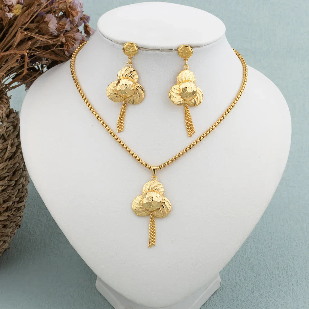 African Hoop Earrrings Necklace for Women Gold Plated Bead Chain Jewelry Set Dubai Classic Fashion Round Pendant Nigerian Gift Vera Lux