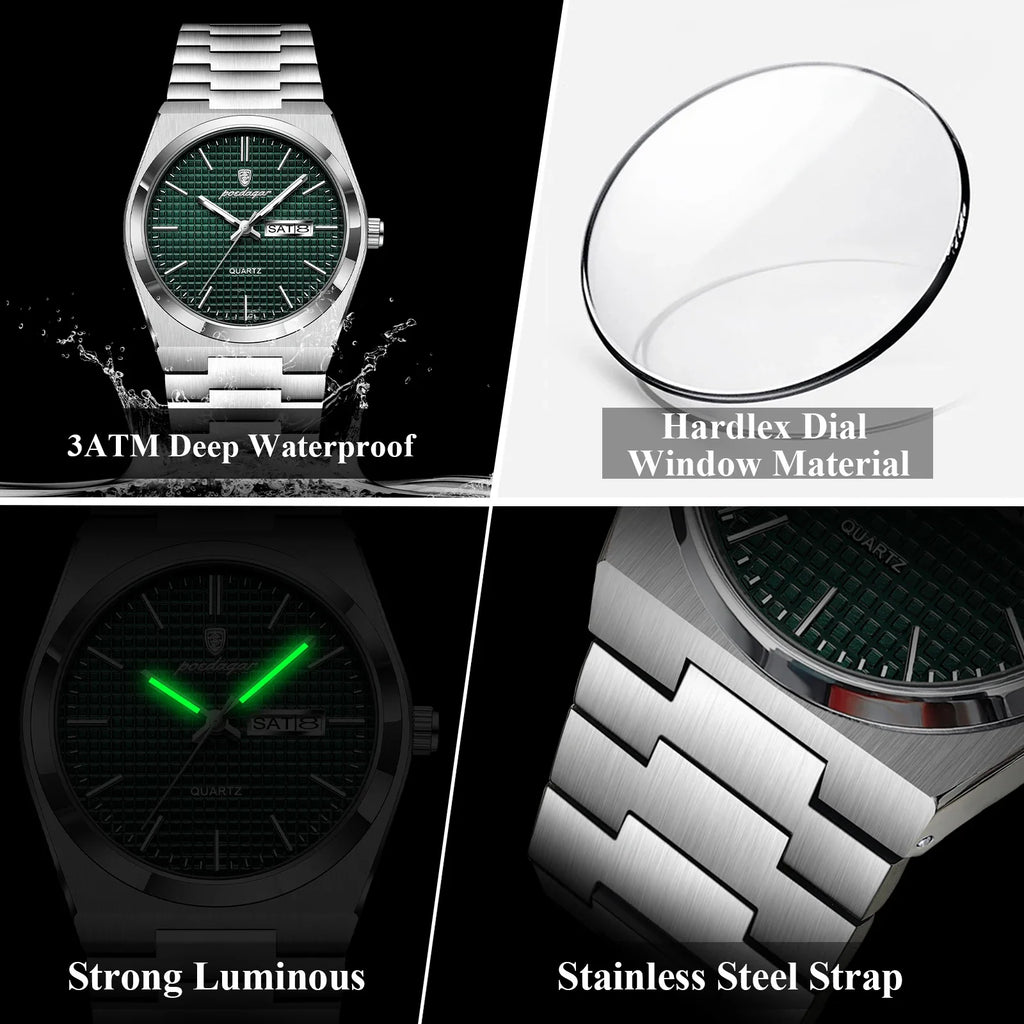 POEDAGAR Luxury Original Man Watch Waterproof Stainless Steel Luminous Men's Wristwatch Date Week Quartz Fashion Watches For Men Vera Lux