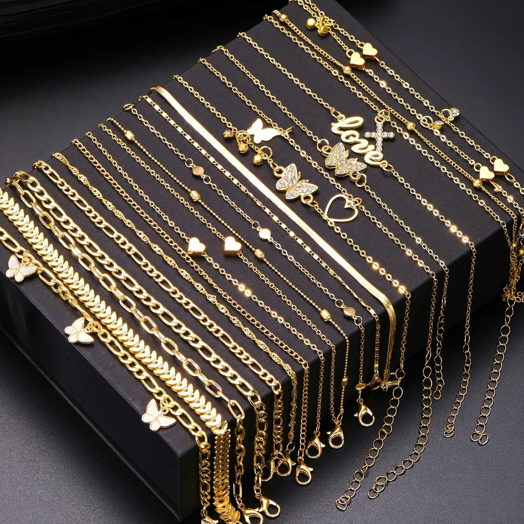 18Pcs Bohemian Summer Beach Anklet Set For Women Vintage Butterfly Heart Crystal Pendant Foot Bracelets Fashion Jewelry Gift New Vera Lux