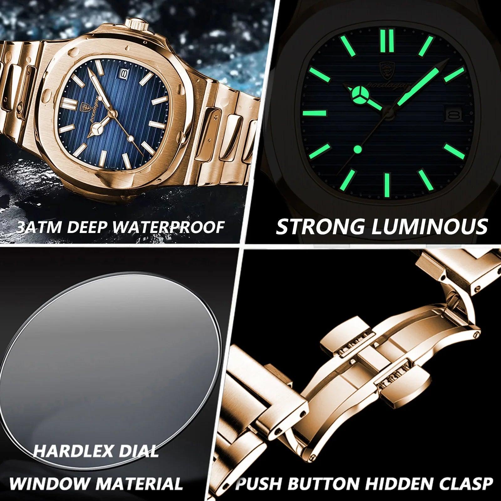 POEDAGAR Fashion Square Male Quartz Watch Waterproof Luminous Date Stainless Steel Man Watch Business Luxury Men's Watches Reloj Vera Lux