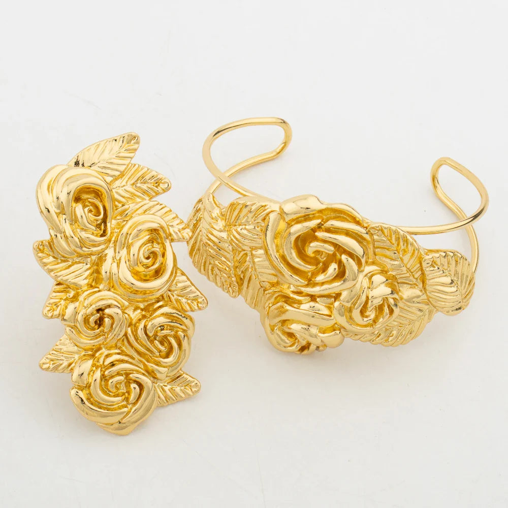 African Fashion Flower Jewelry Set for Women Luxury Gold Color India Big Hig Quality Earrring Necklace Bangle Ring Bride  Gif Vera Lux