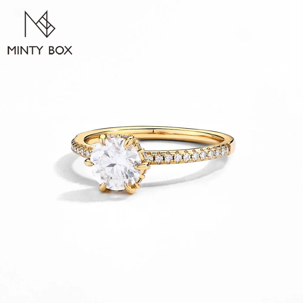 MINTYBOX 18K Yellow Gold D Moissanite Rings for Women Handmade 6.5mm S925 Silver Round Shape Engagement Ring Gift Fine Jewelry Vera Lux