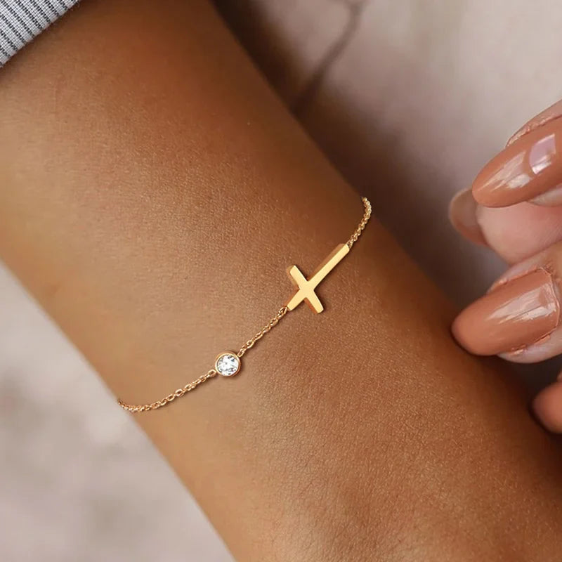 Birthstone Zirconia Thin Chain Link Cross Bracelet Stainless Steel Women's Adjustable Link Stacked Layered Chain Bracelets Vera Lux