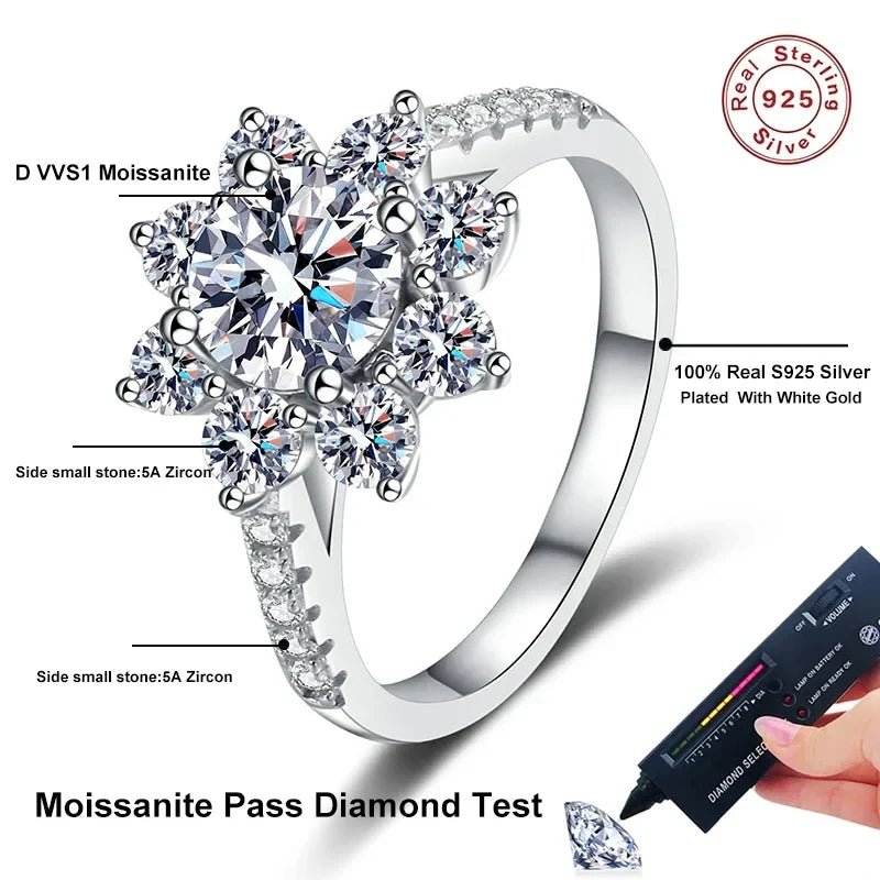 NeeTim 1ct 2ct Moissanite Eternity Ring 925 Sterling Silver with Gold Plated Wedding Flower Lab Diamond Rings For Women Jewelry Vera Lux