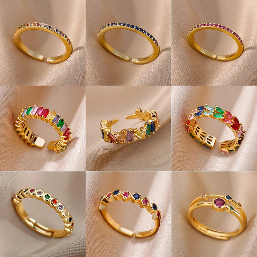 Colorful Zircon Rings For Women Gold Color Stainless Steel Fashion Cubic Zirconia Ring 2023 Trend Aesthetic Wedding Jewelry Gift Vera Lux