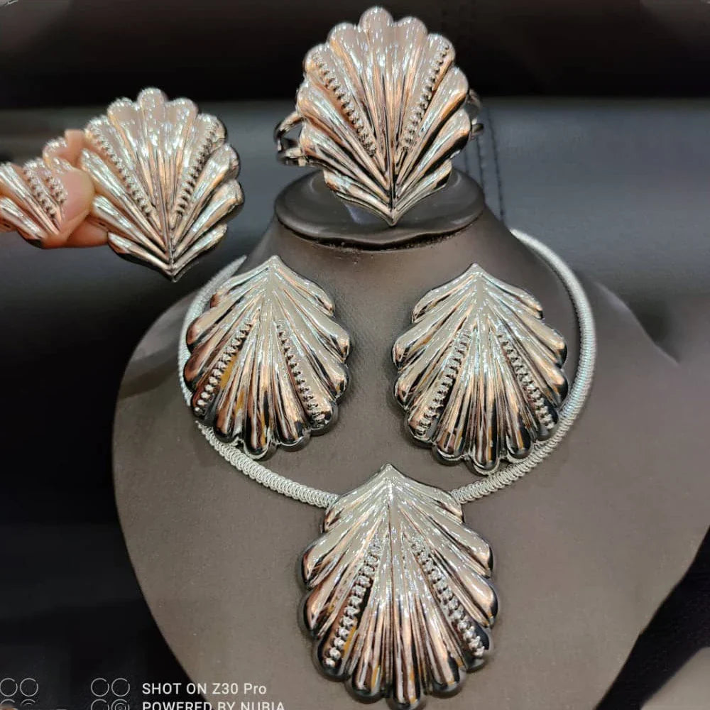 Dubai Gold Plated Jewelry Set for Women Shell pattern Earrings and Necklace Set Fashion Wedding Bride Bracelet Ring Jewelry Vera Lux