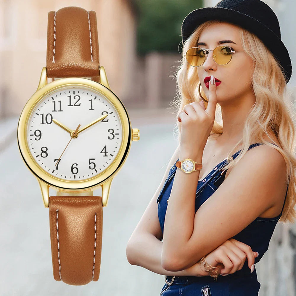 Leisure Fashion Women Quartz Watch Easy to Read Arabic Numerals Simple Dial PU Leather Strap Lady Candy Color Vera Lux