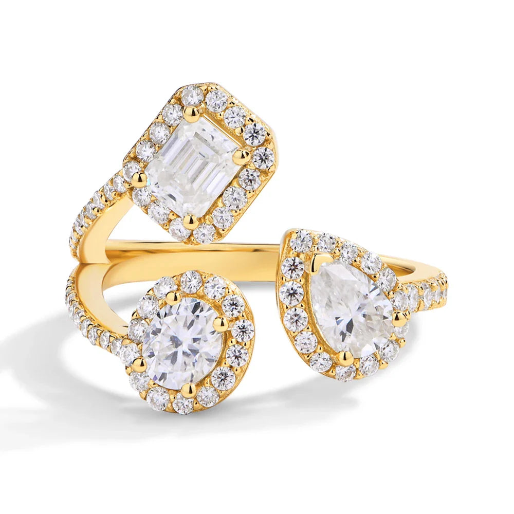 MINTYBOX Three Stone Lab Diamond Ring S925 Sterling Silver Moissanite Rings For Women 18K Gold Plated Engagement Party Gift Vera Lux