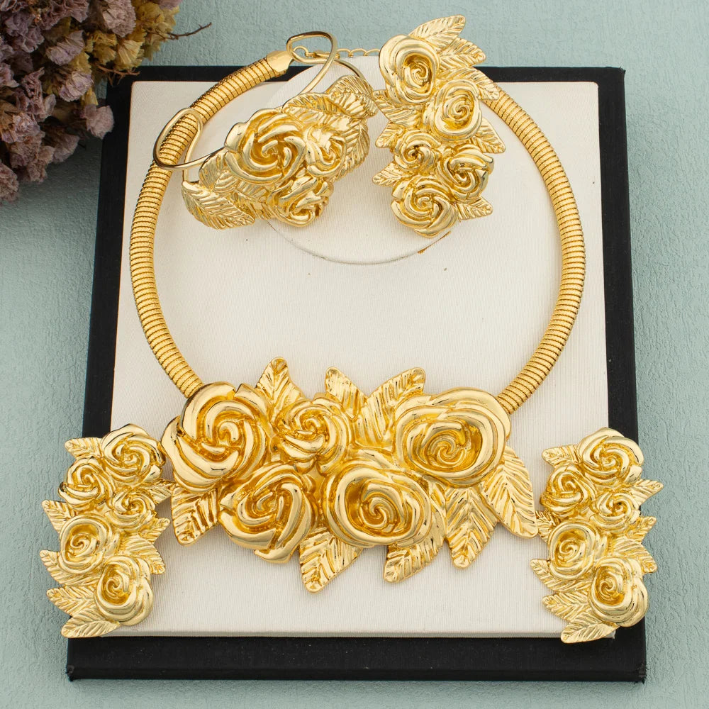 African Fashion Flower Jewelry Set for Women Luxury Gold Color India Big Hig Quality Earrring Necklace Bangle Ring Bride  Gif Vera Lux