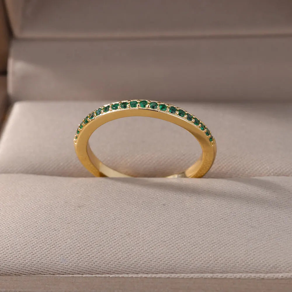 Mini Zircon Green Rings For Women Stainless Steel Gold Color Adjustable Finger Ring Engagement Wedding Christmas Jewelry Gift Vera Lux