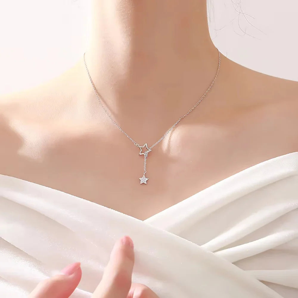Christmas Gift 925 Sterling Silver Cute Shiny Star Choker Drop Charm Necklaces Charming Woman Wedding Party Birthday Jewelry Vera Lux