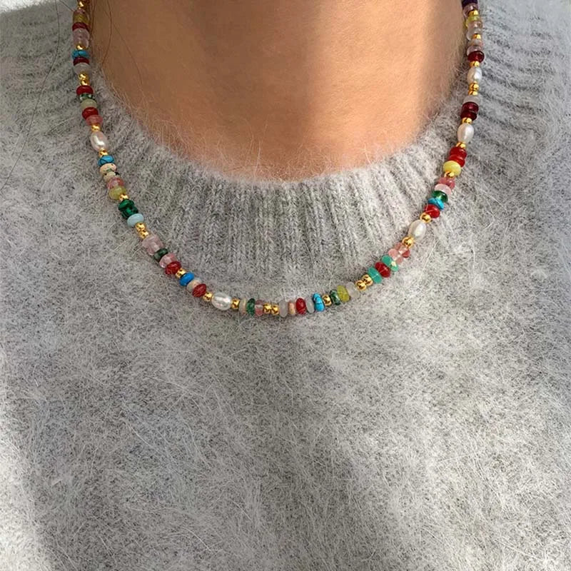 Fashion Colorful Beads Stone Natural Freshwater Pearl Necklaces For Women Retro Gold Color Clavicle Chain Necklace Jewelry Gifts Vera Lux