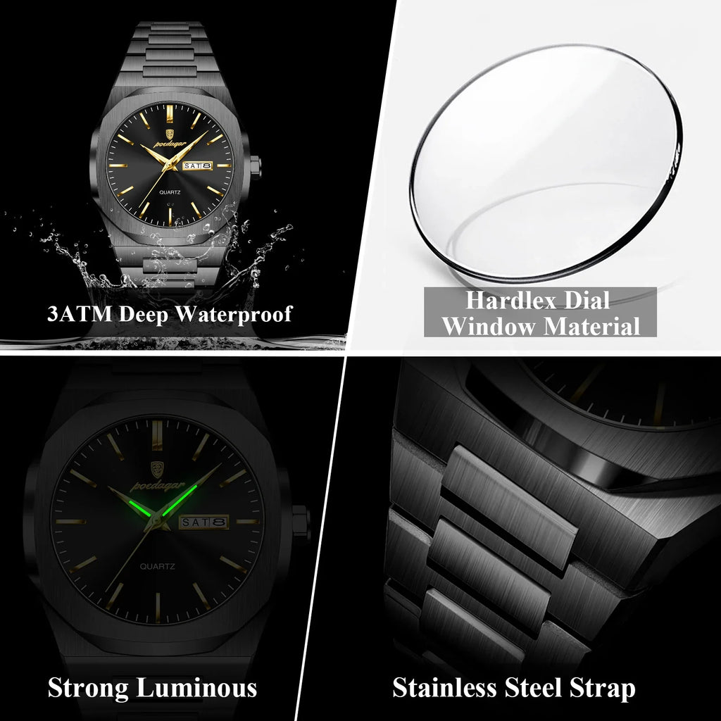 POEDAGAR Fashion Brand Male Watch Waterproof Luminous Stainless Steel Watches For Men Date Week Casual Quartz Men's Clock Reloj Vera Lux