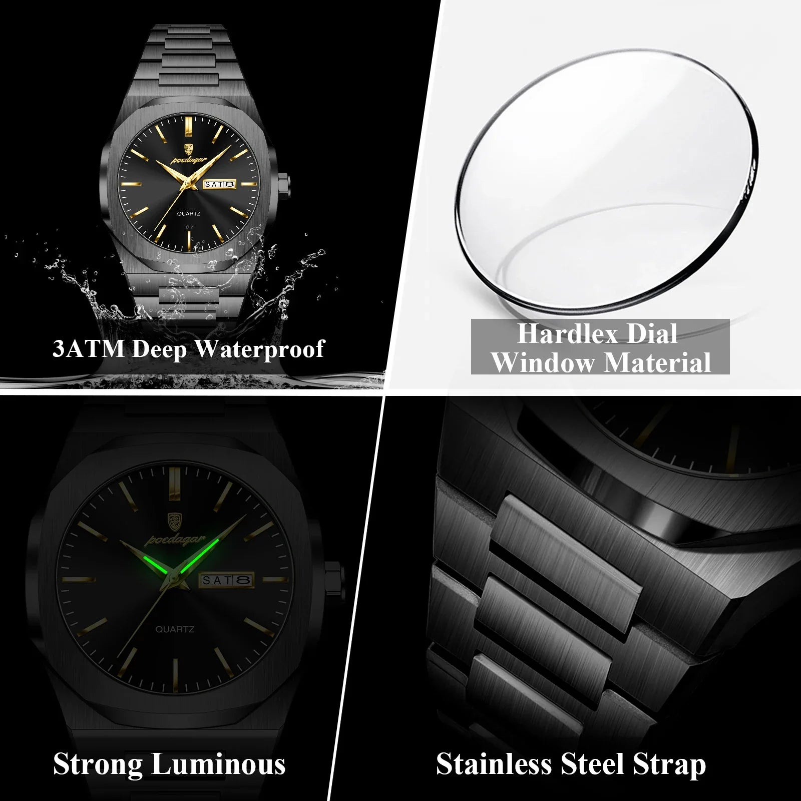 POEDAGAR Fashion Brand Male Watch Waterproof Luminous Stainless Steel Watches For Men Date Week Casual Quartz Men's Clock Reloj Vera Lux