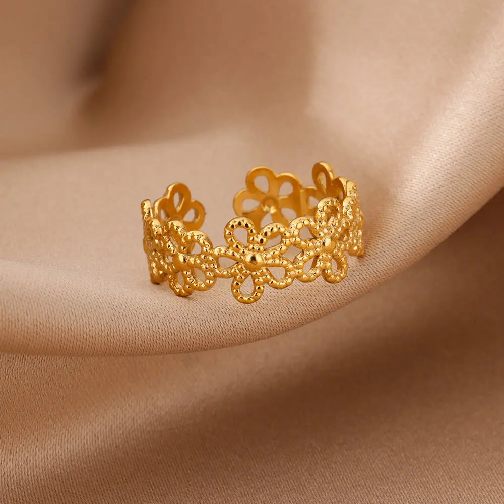 Hollow Flower Rings For Women Gold Color Stainless Steel Adjustable Multi-layer Flower Ring Wedding Aesthetic  Jewelry Gift Vera Lux